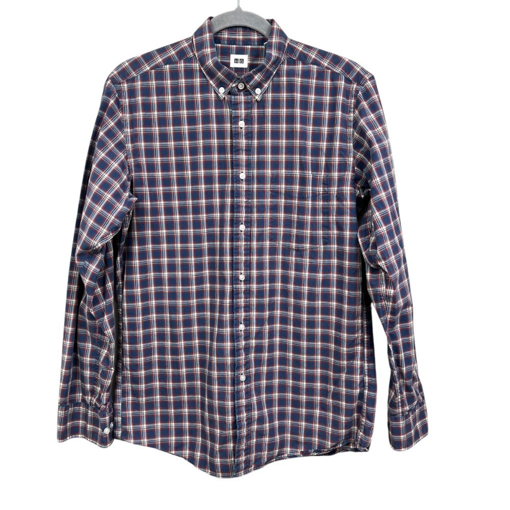 Uniqlo Mens Plaid Shirt Button Down Long Sleeve Pen Pockets Blue Red White Sz M*